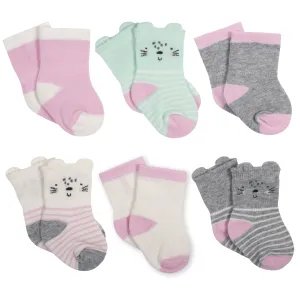 6-Pack Baby Girls Kitty Jersey Crew Wiggle Proof® Socks