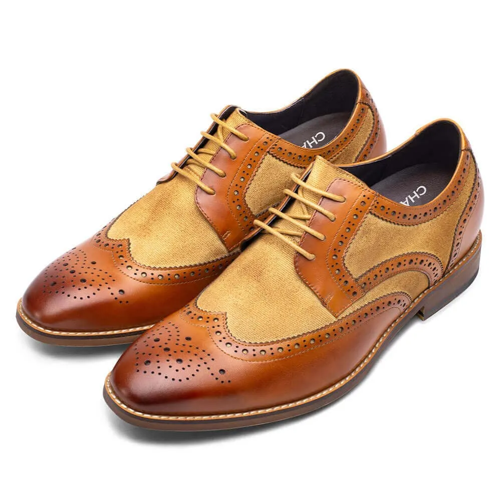 7CM / 2.76Inches - CMR CHAMARIPA Height Increasing Shoes - Mens Shoes With Height - Brown Genuine Leather Brogues Wingtip Shoes