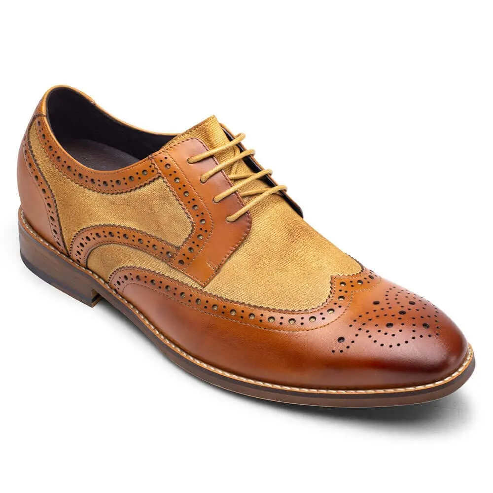 7CM / 2.76Inches - CMR CHAMARIPA Height Increasing Shoes - Mens Shoes With Height - Brown Genuine Leather Brogues Wingtip Shoes