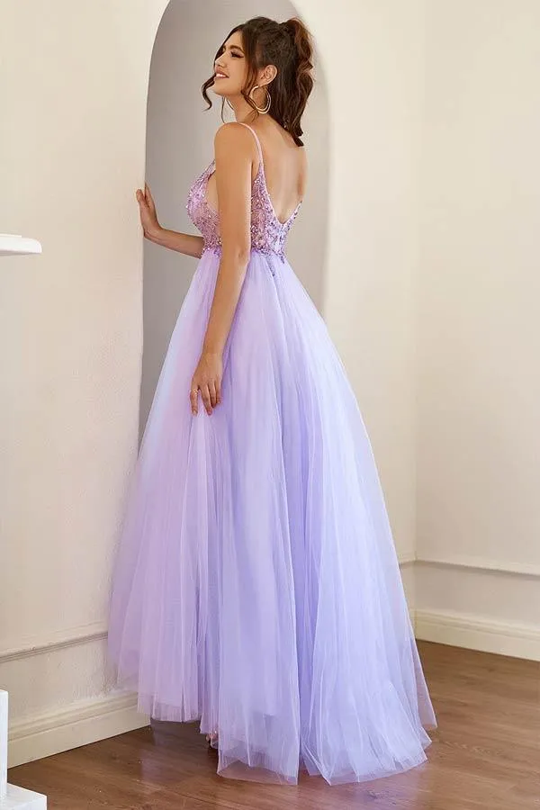 A-Line Lilac Tulle Split Long Prom Formal Dress With Beading PSK324