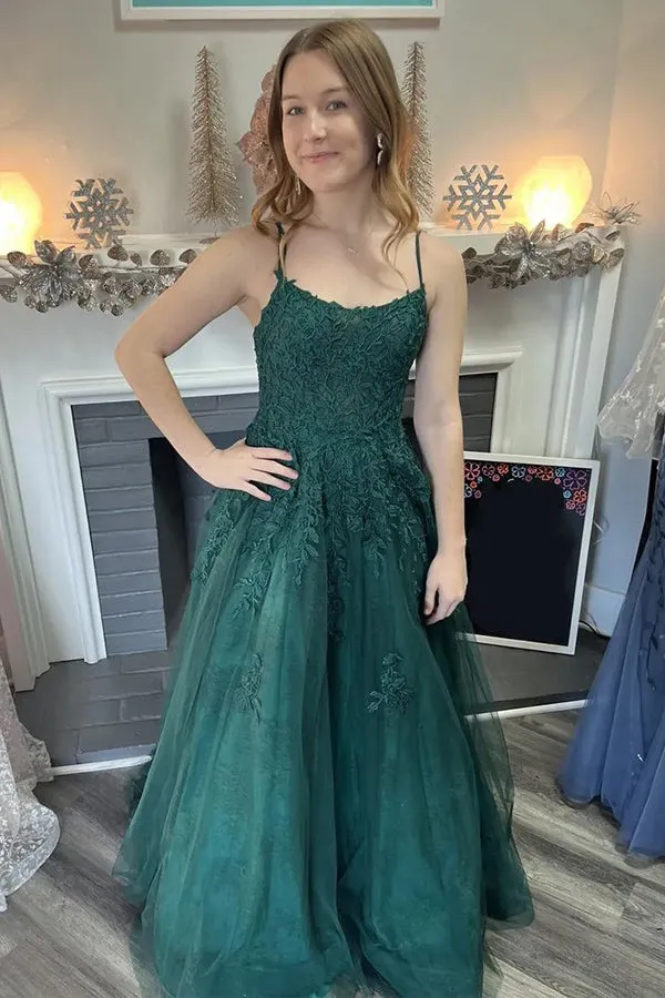 A-Line Spaghetti Straps Tulle Dark Green Long Prom Dress PSK586