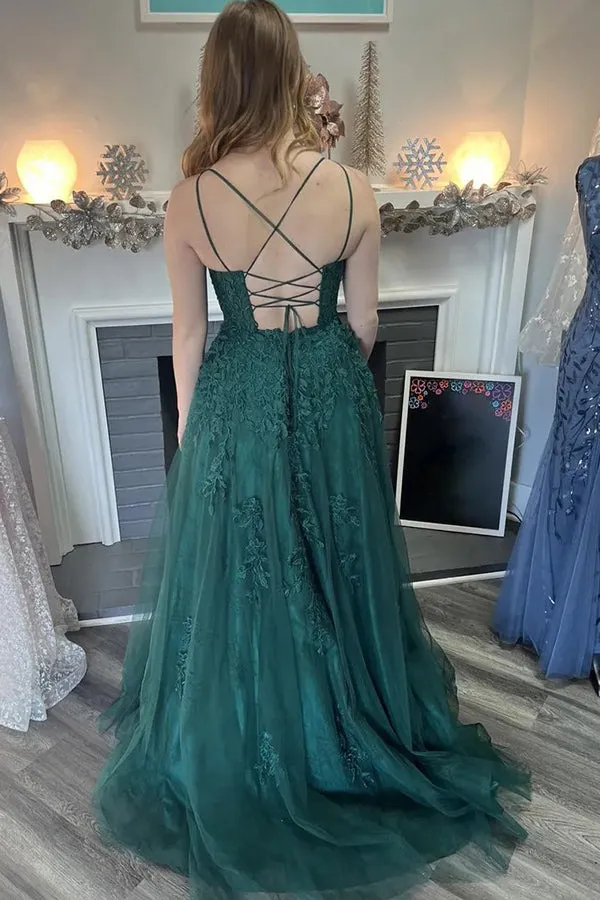 A-Line Spaghetti Straps Tulle Dark Green Long Prom Dress PSK586