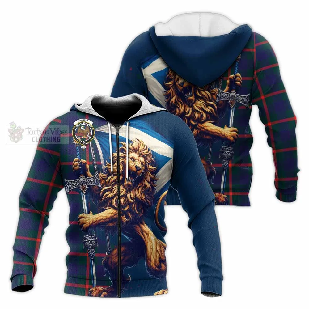 Agnew Tartan Family Crest Knitted Hoodie with Scottish Majestic Lion