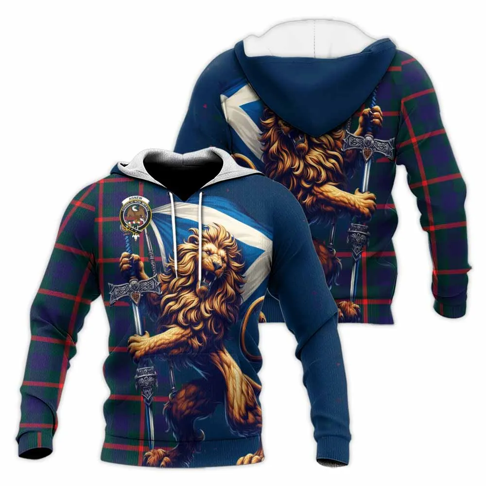 Agnew Tartan Family Crest Knitted Hoodie with Scottish Majestic Lion