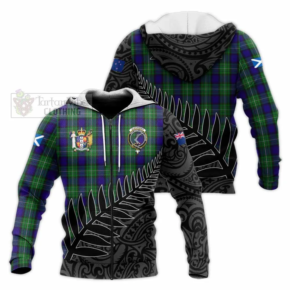 Alexander Crest Tartan Knitted Hoodie with New Zealand Silver Fern Half Style