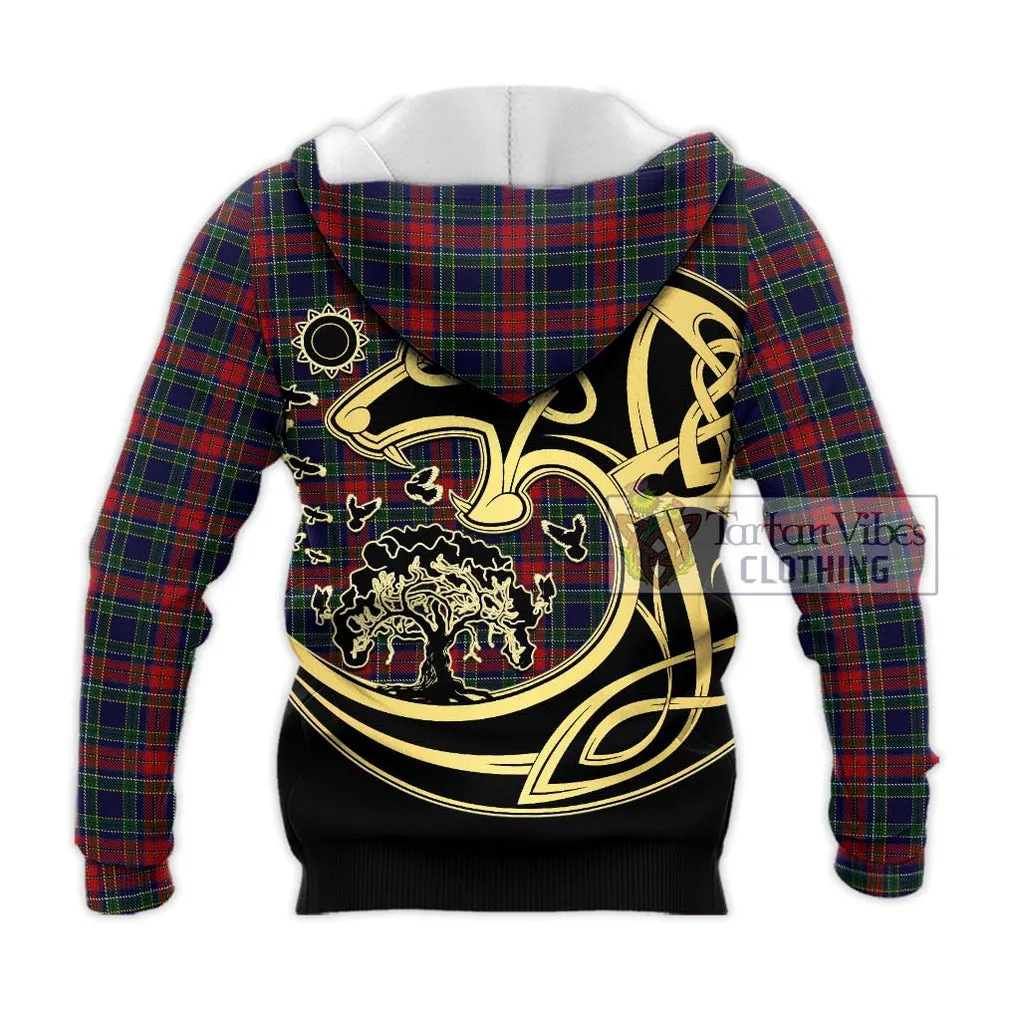 Allison Red Tartan Knitted Hoodie with Family Crest Celtic Wolf Style