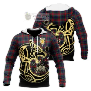 Allison Red Tartan Knitted Hoodie with Family Crest Celtic Wolf Style