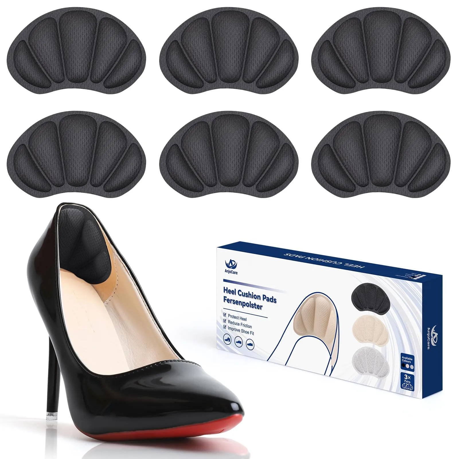 AnjoCare Heel Pads, 3 Pairs of Self-Adhesive Heel Pads for Loose Shoes, Non-Slip Heel Pads for Sneakers, High Heels and Oversized Leather Shoes Black