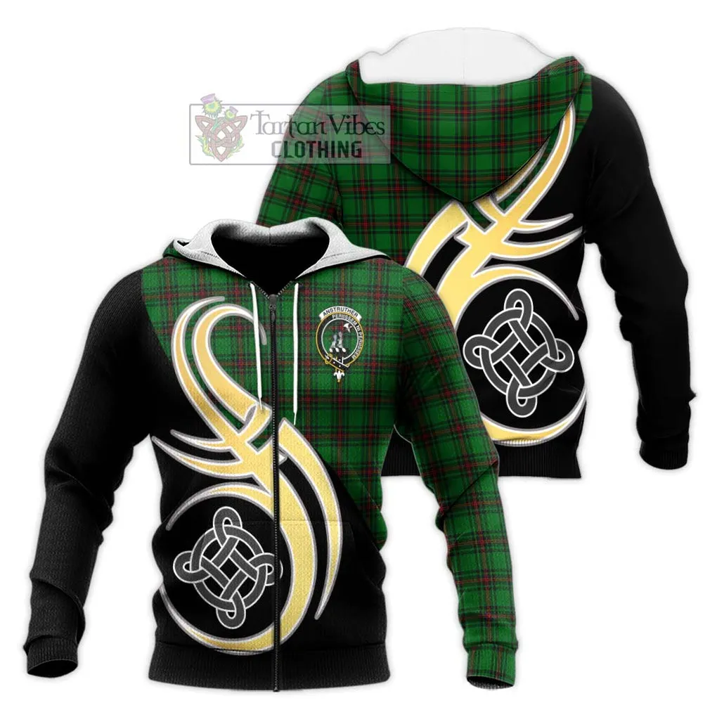 Anstruther Tartan Knitted Hoodie with Family Crest and Celtic Symbol Style