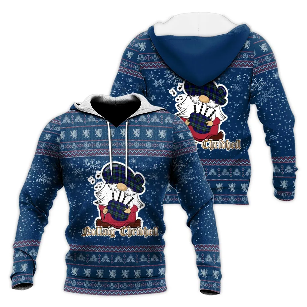 Arbuthnot Modern Clan Christmas Knitted Hoodie with Funny Gnome Playing Bagpipes