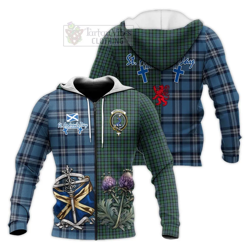 Arbuthnot Tartan Knitted Hoodie Happy St. Andrew's Day Half Tartan Style