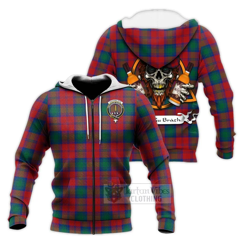 Auchinleck (Affleck) Tartan Knitted Hoodie with Family Crest and Bearded Skull Holding Bottles of Whiskey