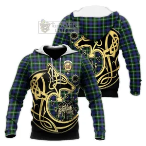 Baillie (Bailey) Tartan Knitted Hoodie with Family Crest Celtic Wolf Style