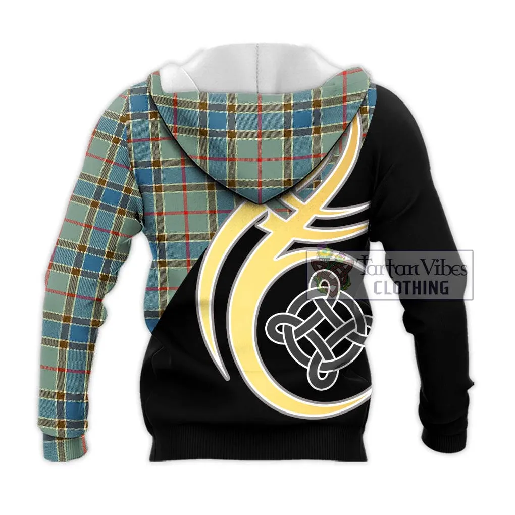 Balfour Blue Tartan Knitted Hoodie with Family Crest and Celtic Symbol Style