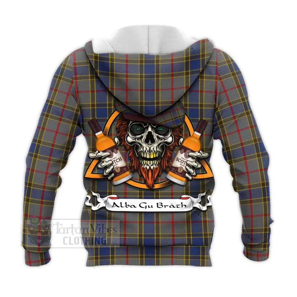 Balfour Tartan Knitted Hoodie with Family Crest and Bearded Skull Holding Bottles of Whiskey