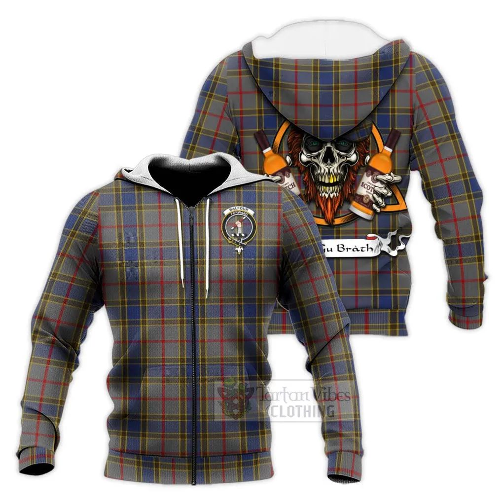 Balfour Tartan Knitted Hoodie with Family Crest and Bearded Skull Holding Bottles of Whiskey