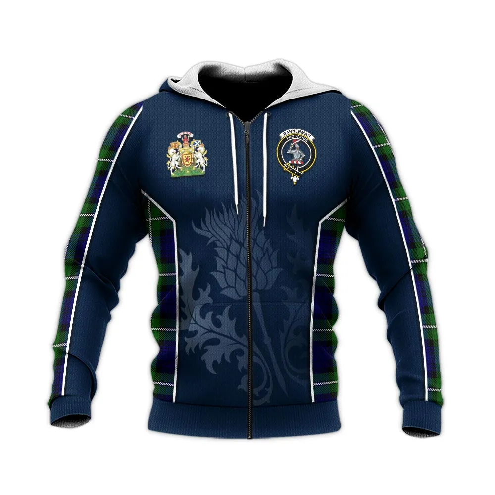 Bannerman Tartan Knitted Hoodie with Family Crest and Scottish Thistle Vibes Sport Style