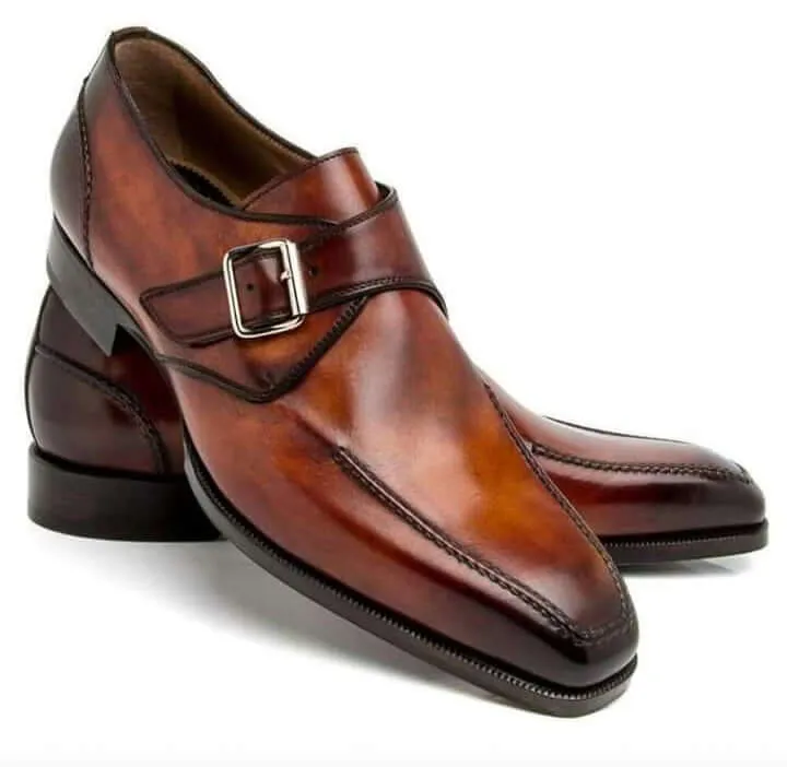 Bespoke Brown Square Toe Shoes Monk Straps Leather Shoe, Men Shoes,Dress Shoes