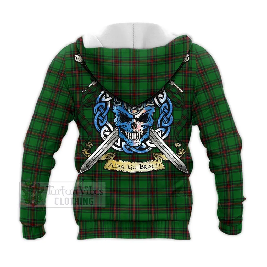 Beveridge Tartan Knitted Hoodie with Family Crest Celtic Skull Style