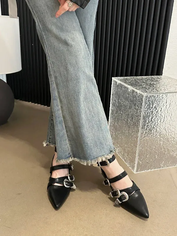 binfenxie  -  Female Shoes Slippers Casual Med Pointed Toe 2024 Luxury Basic Mary Janes Cross-tied Square heel Fabric Strange Style Rubber Syn