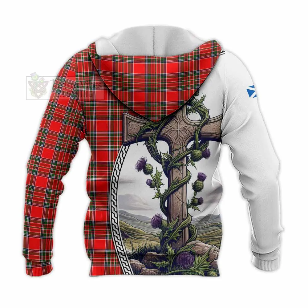 Binning Tartan Knitted Hoodie with Family Crest and St. Andrew's Cross Accented by Thistle Vines