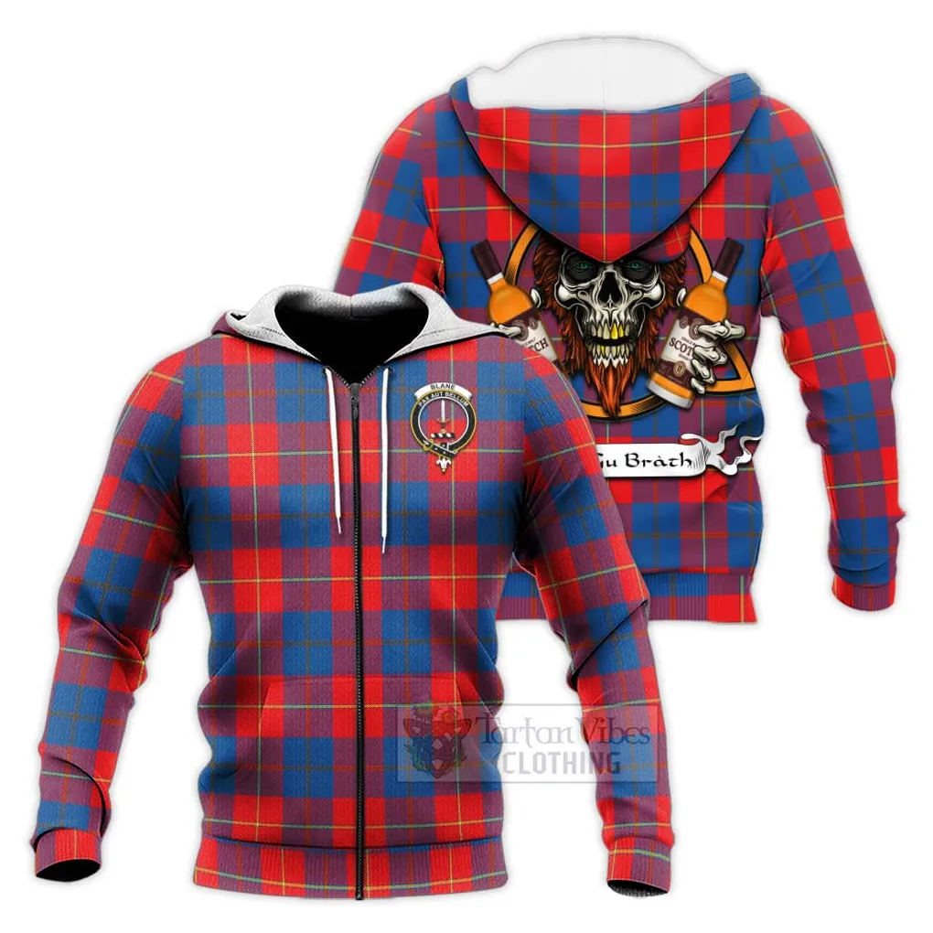 Blane Tartan Knitted Hoodie with Family Crest and Bearded Skull Holding Bottles of Whiskey