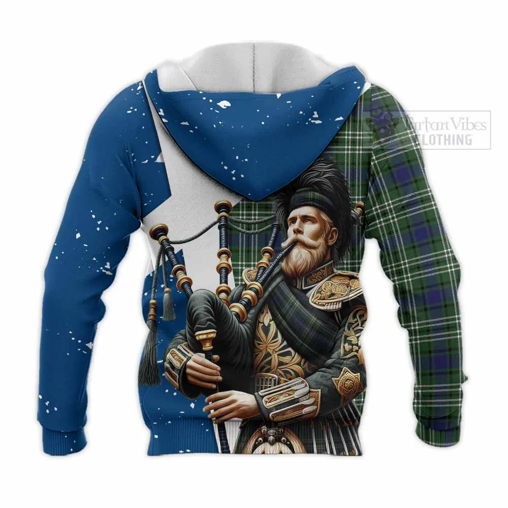 Blyth Tartan Knitted Hoodie with Family Crest Scottish Bagpiper Vibes