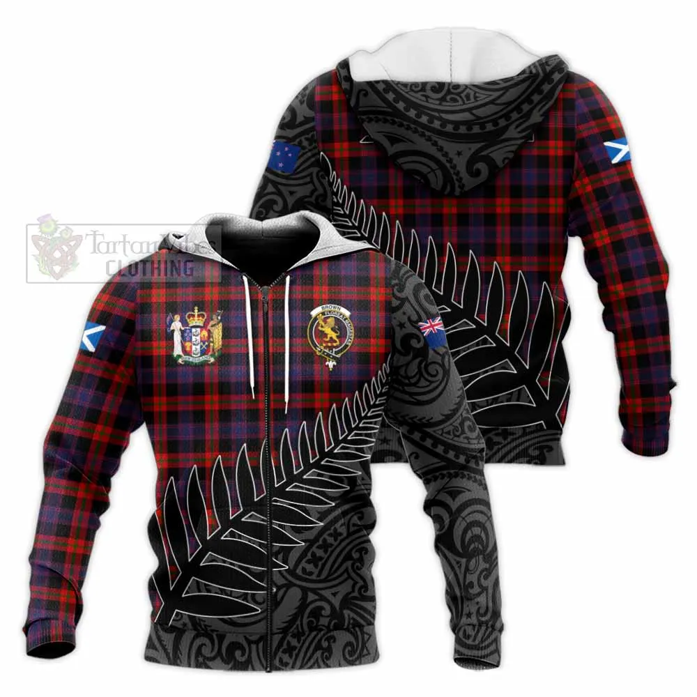 Brown (Broun) Crest Tartan Knitted Hoodie with New Zealand Silver Fern Half Style