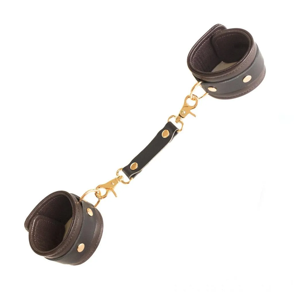 Brown Leather Wrist Restraints with Gold Accent Hardware