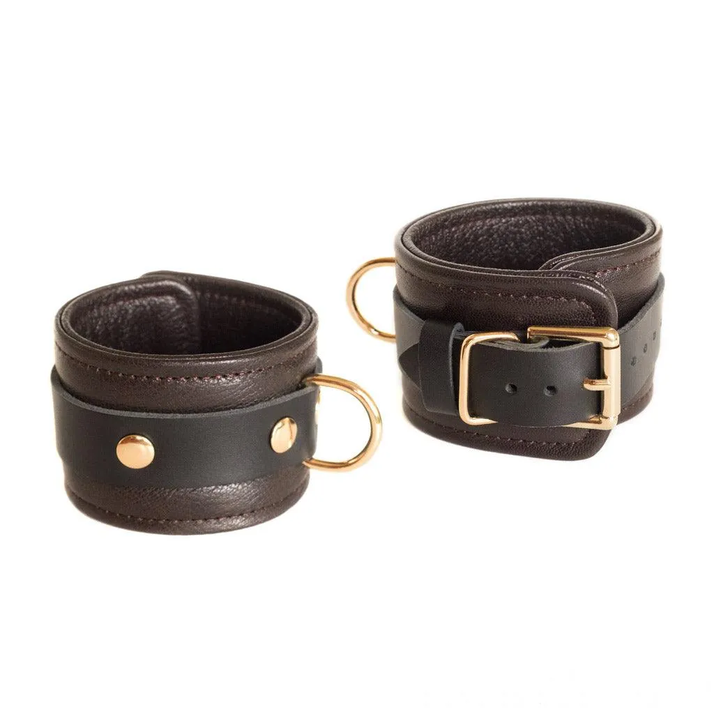 Brown Leather Wrist Restraints with Gold Accent Hardware