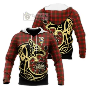 Bruce Tartan Knitted Hoodie with Family Crest Celtic Wolf Style