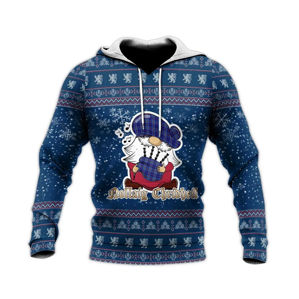 Bryson Clan Christmas Knitted Hoodie with Funny Gnome Playing Bagpipes