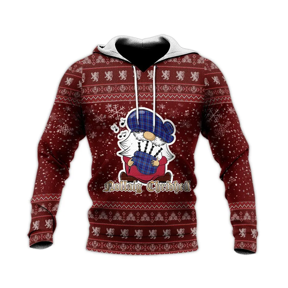 Bryson Clan Christmas Knitted Hoodie with Funny Gnome Playing Bagpipes