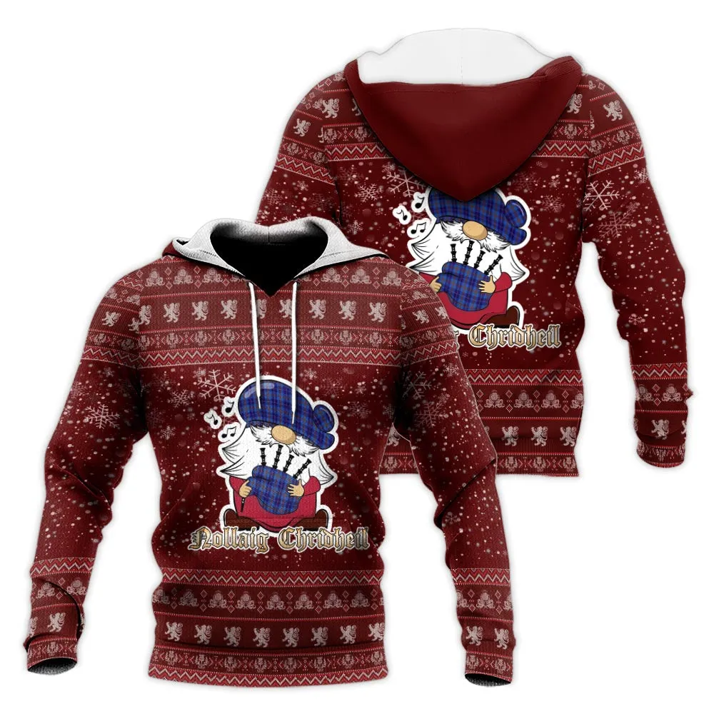 Bryson Clan Christmas Knitted Hoodie with Funny Gnome Playing Bagpipes