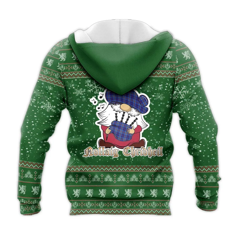 Bryson Clan Christmas Knitted Hoodie with Funny Gnome Playing Bagpipes