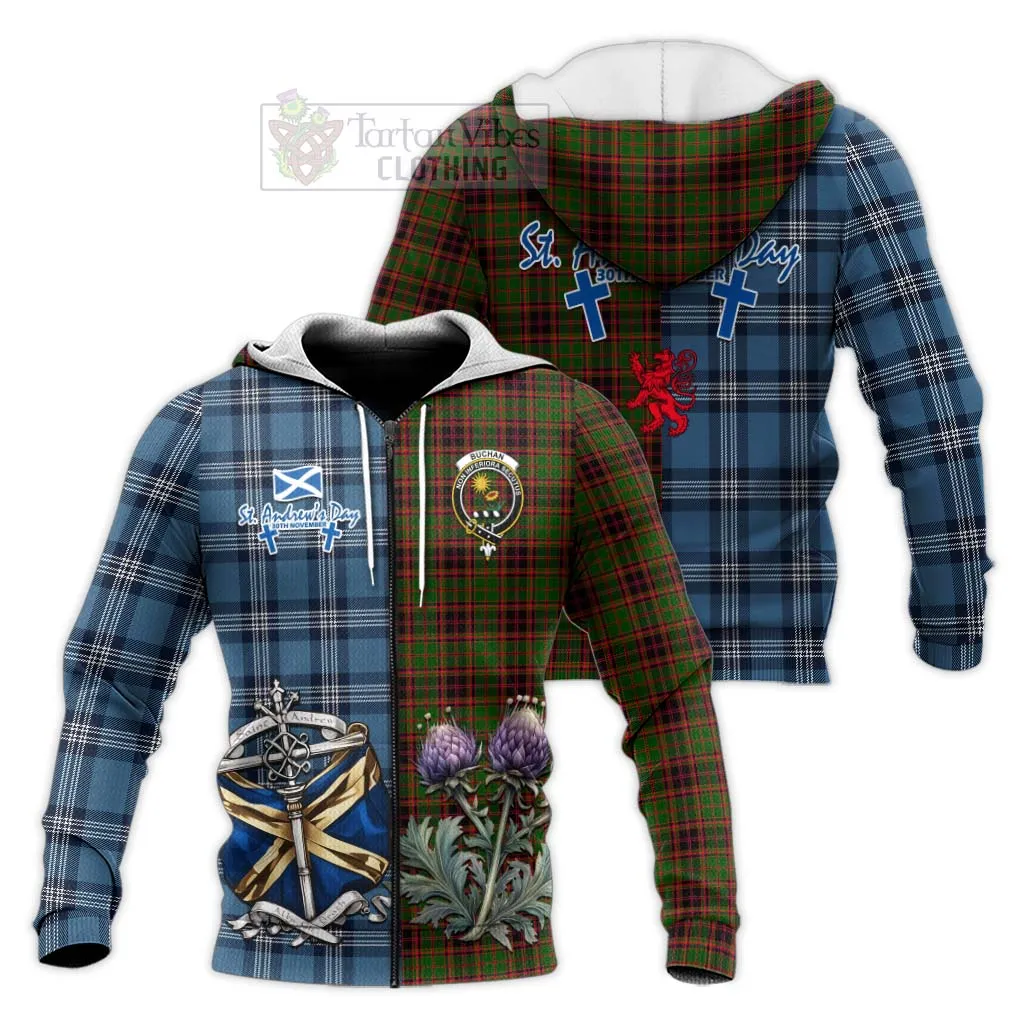 Buchan Tartan Knitted Hoodie Happy St. Andrew's Day Half Tartan Style