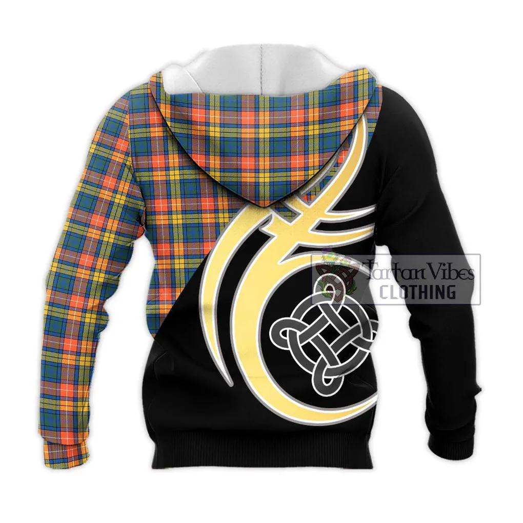 Buchanan Ancient Tartan Knitted Hoodie with Family Crest and Celtic Symbol Style