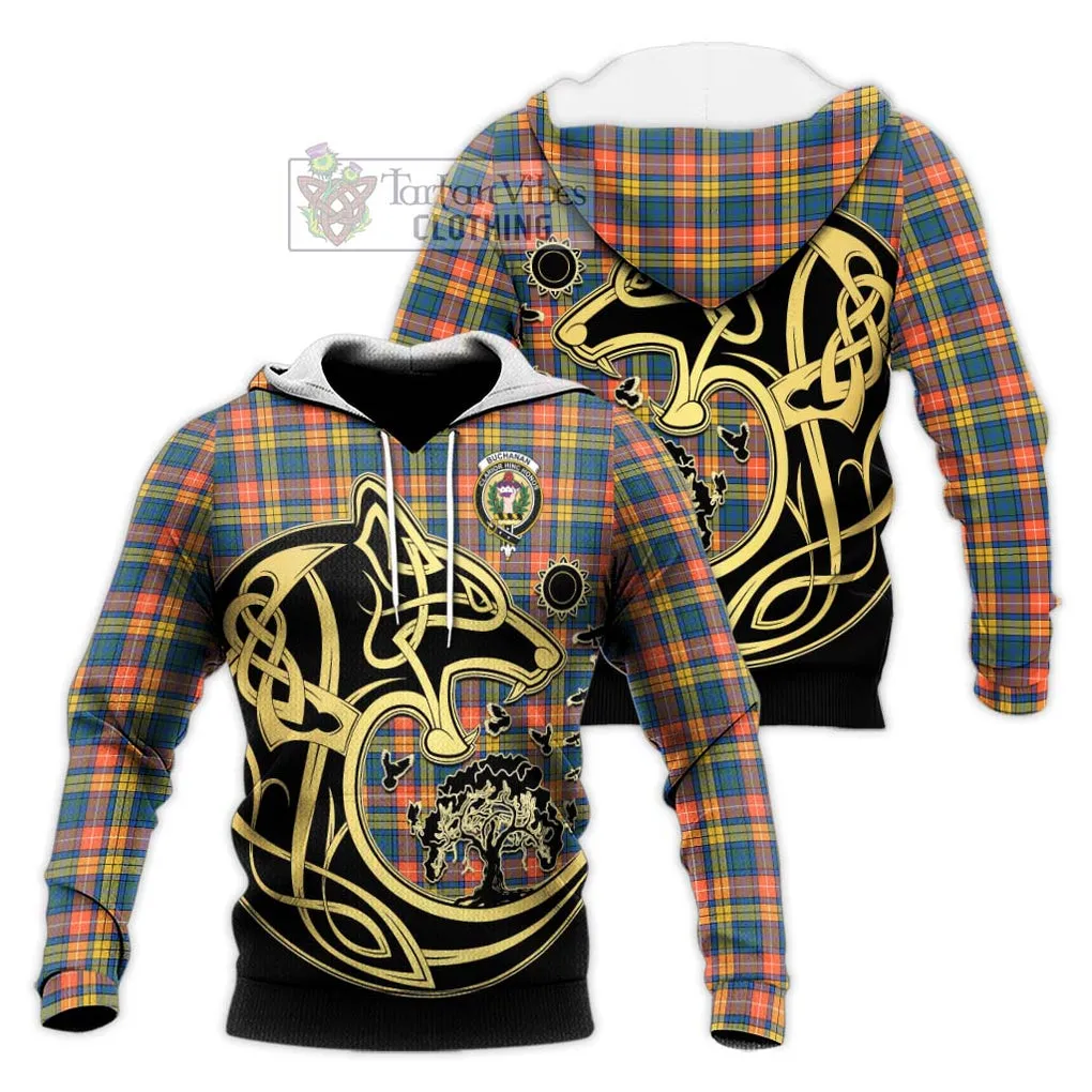 Buchanan Ancient Tartan Knitted Hoodie with Family Crest Celtic Wolf Style