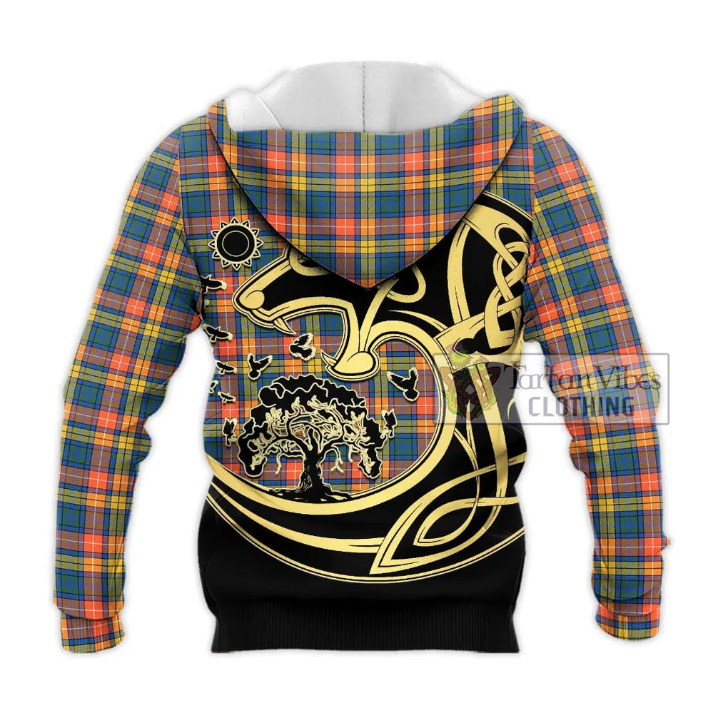 Buchanan Ancient Tartan Knitted Hoodie with Family Crest Celtic Wolf Style