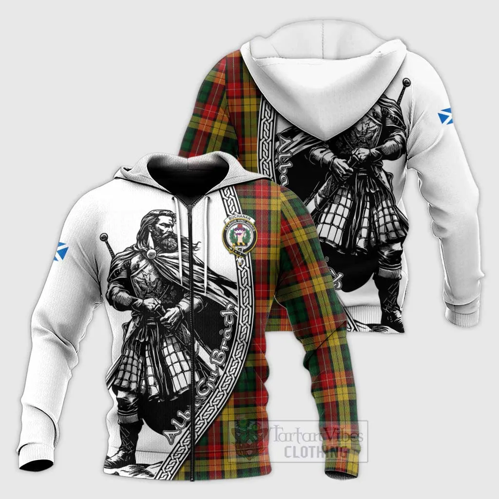 Buchanan Tartan Clan Crest Knitted Hoodie with Highlander Warrior Celtic Style