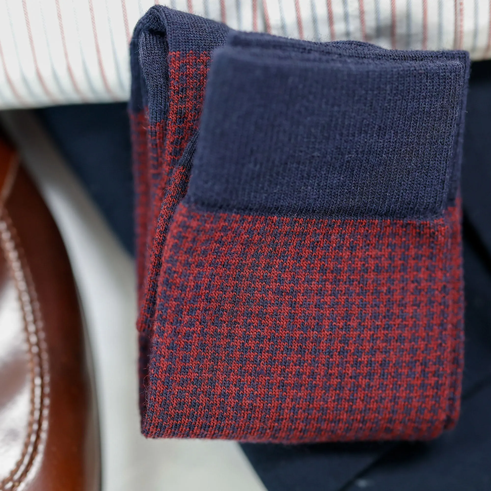 Burgundy and Navy Houndstooth Merino Wool Mid-Calf Dress Socks