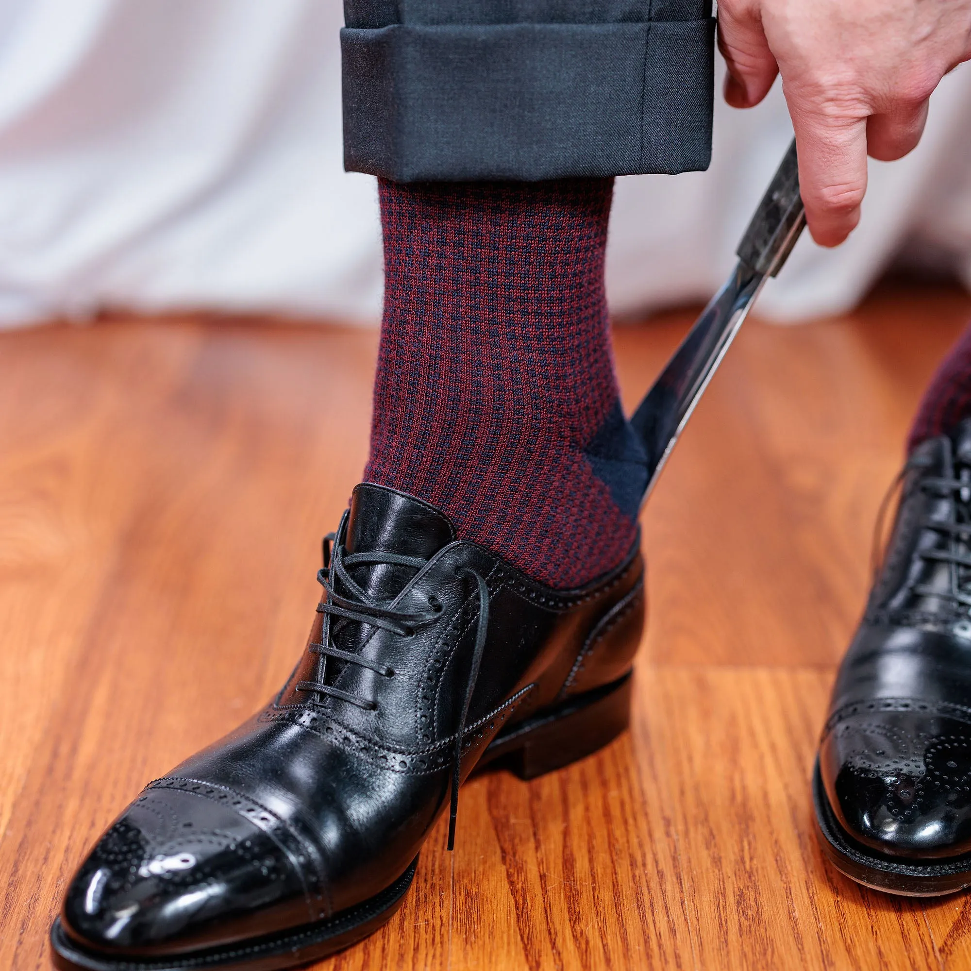 Burgundy and Navy Houndstooth Merino Wool Mid-Calf Dress Socks