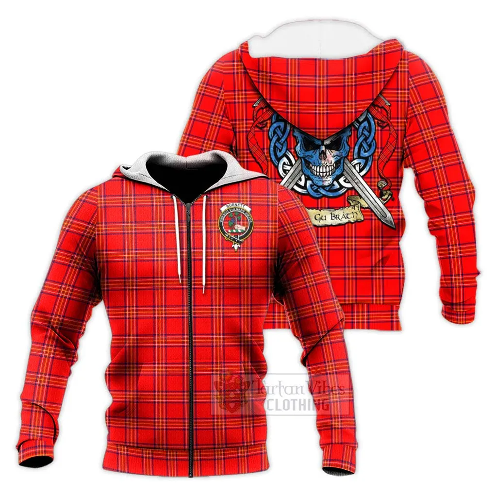 Burnett Tartan Knitted Hoodie with Family Crest Celtic Skull Style