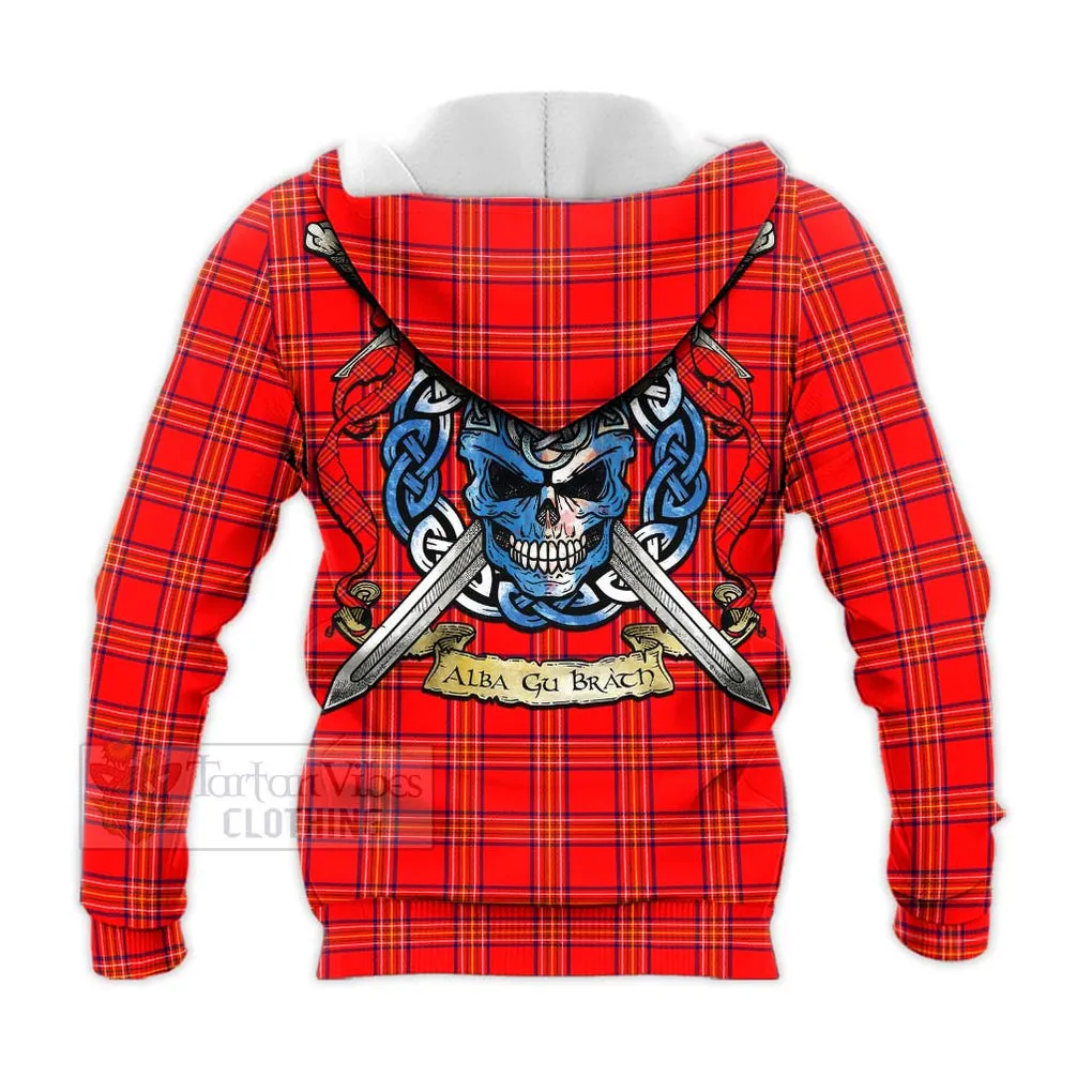 Burnett Tartan Knitted Hoodie with Family Crest Celtic Skull Style