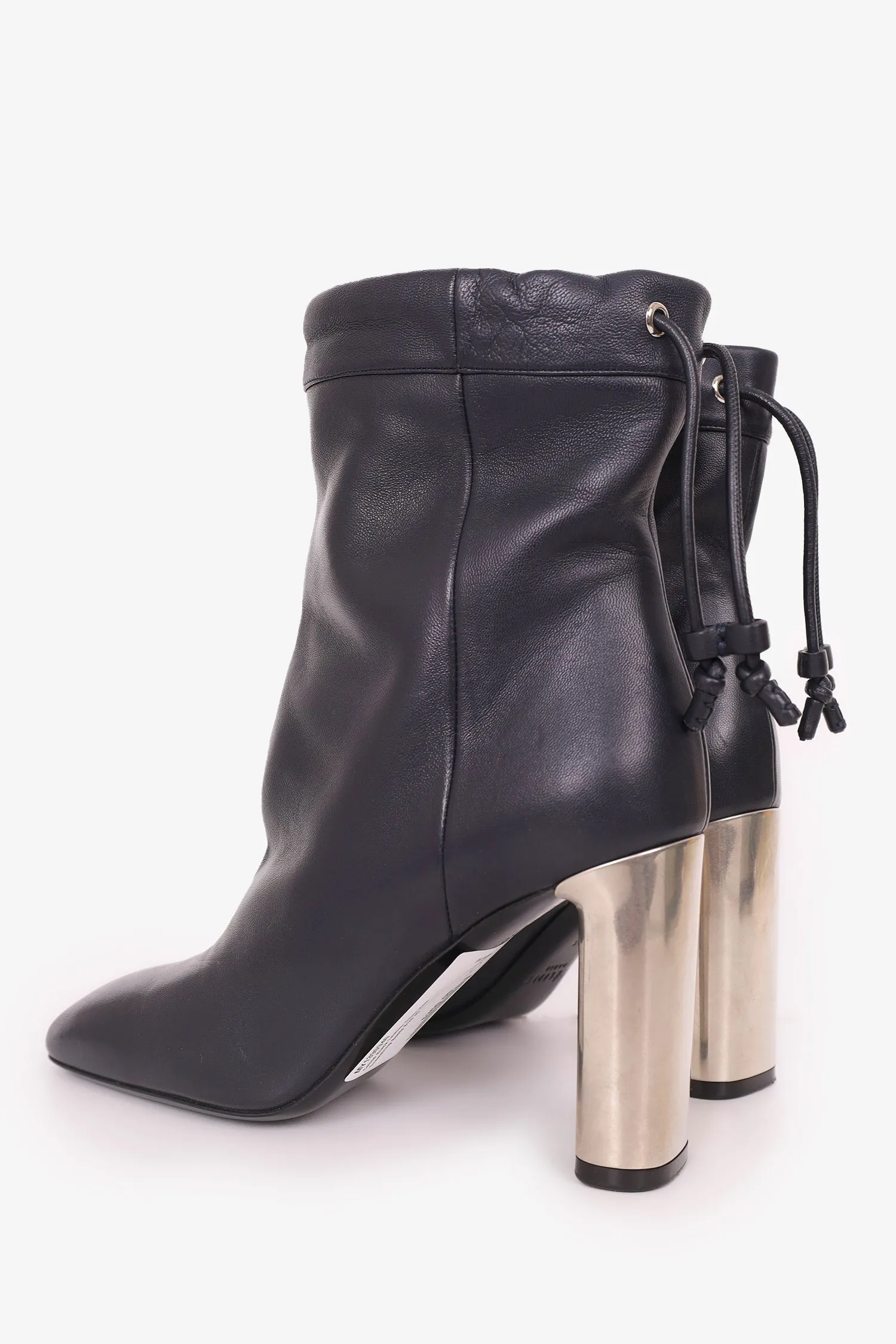 Celine Black Leather Silver Heel Drawstring Boots Size 35