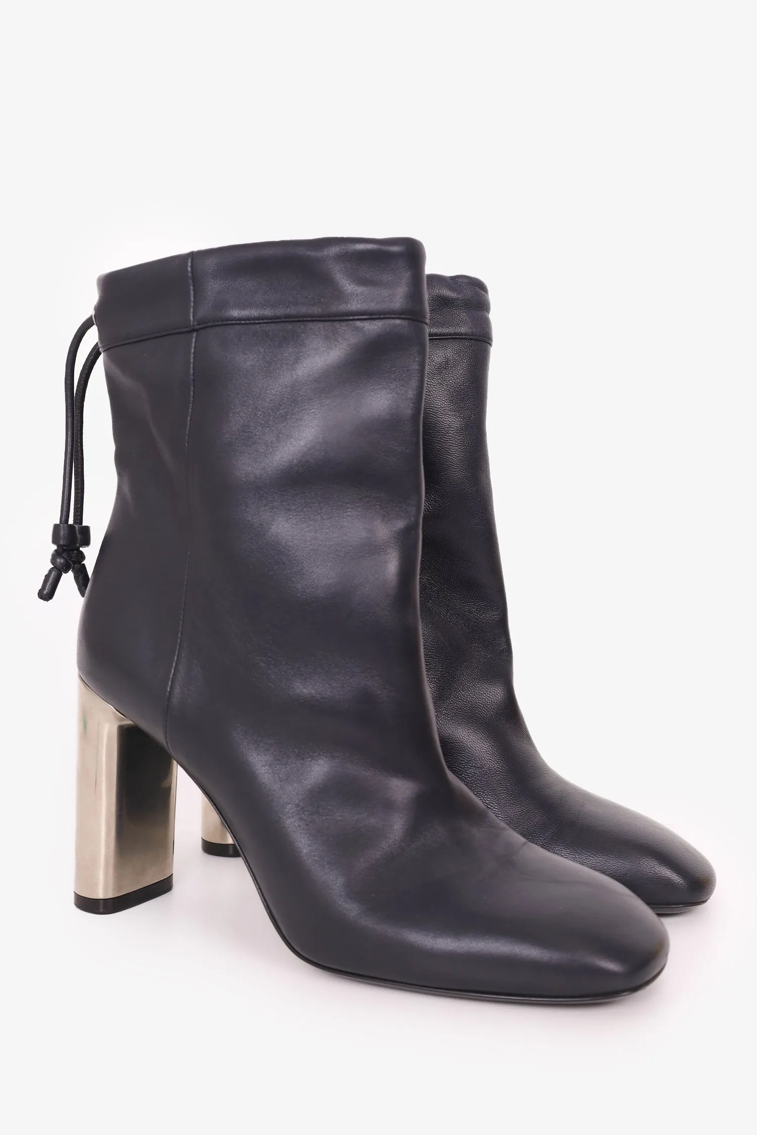 Celine Black Leather Silver Heel Drawstring Boots Size 35