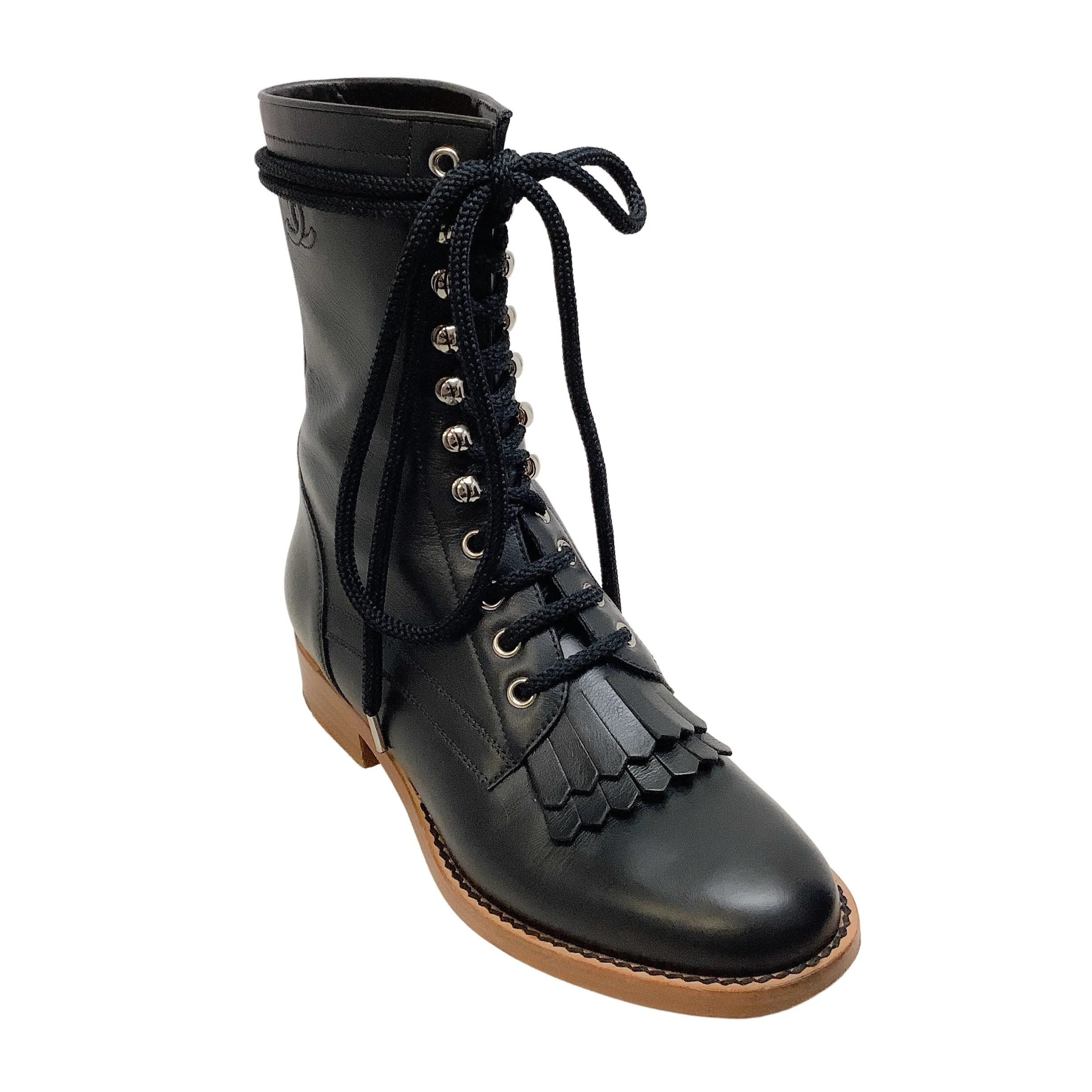 Chanel Black Leather Combat with Brogue Detail Boots/Booties