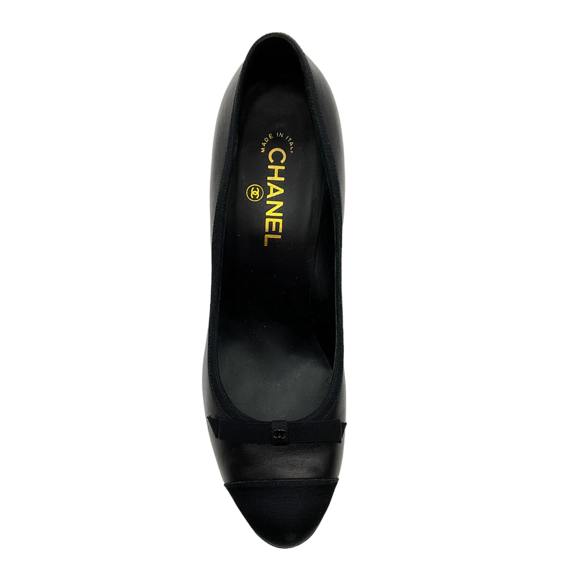 Chanel Black Leather Pumps with Grosgrain Cap Toe