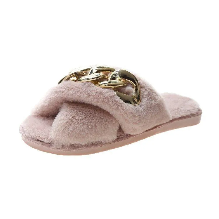 Classic Cross Fur Designed Pink Slipper