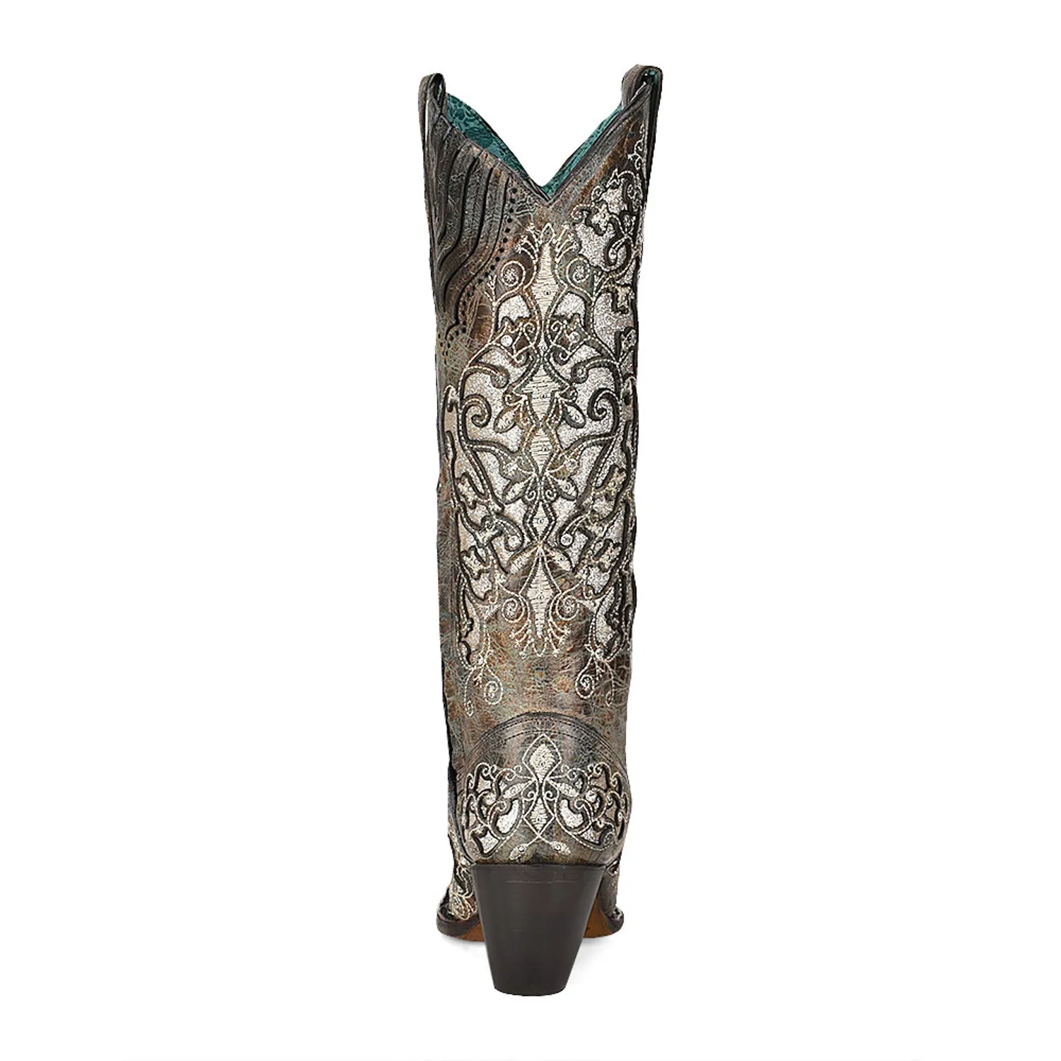 Corral Womens Floral Overlay Tall Studs Silver Cowhide 16.5in Cowboy Boots